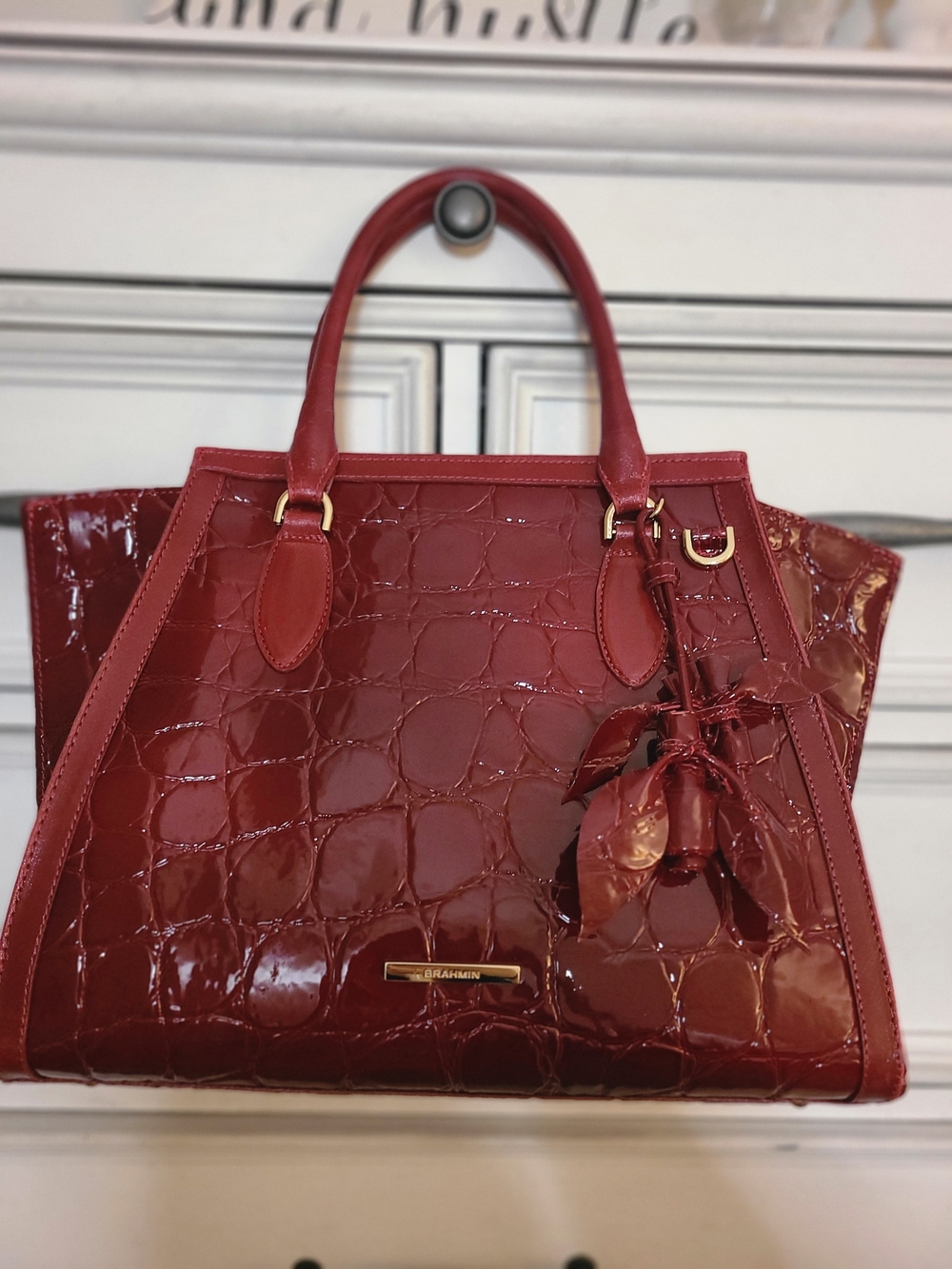 Brahmin Glossy Red Croc-Embossed Patent Genuine Leather Satchel